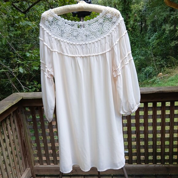Forever 21 Cream Long Sleeve Flowy Poly/Chiffon Crochet Top Tunic Dress Sz L - Picture 6 of 8